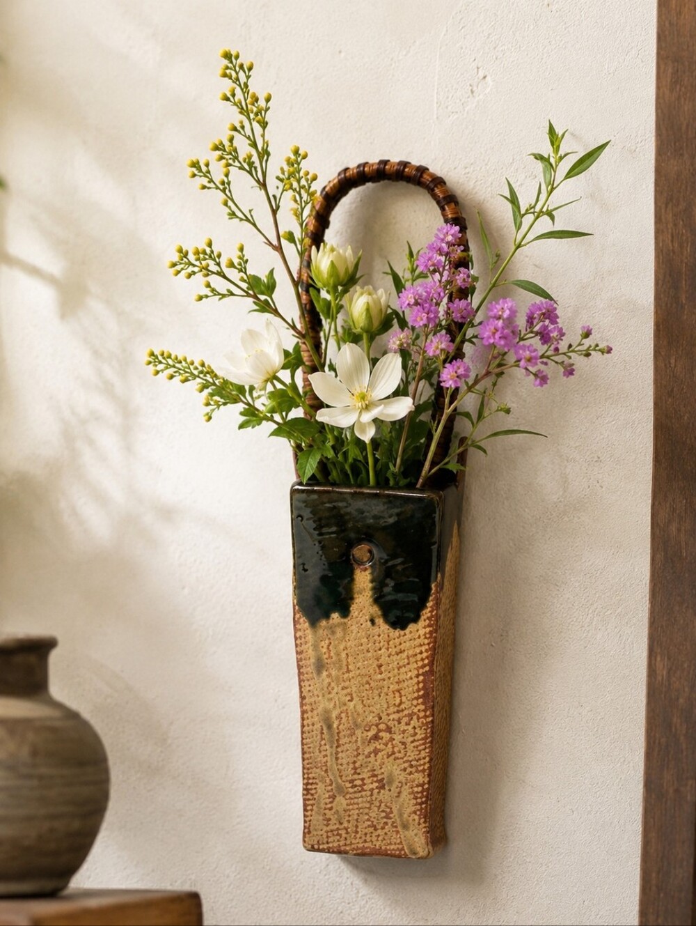 VTG Japanese Studio Pottery Wall Pocket Vase Drip Glaze Ikebana Hanging Ceramic
